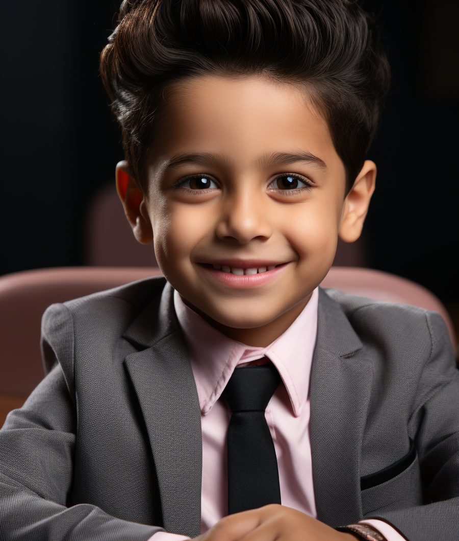Smiling schoolboy in a blazer and tie sitting at a desk