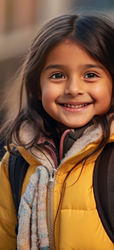Smiling schoolgirl in a yellow jacket with her backpack