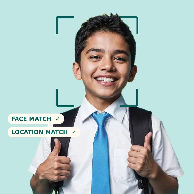 A smiling student with a face-scan frame and face match and location match checks
