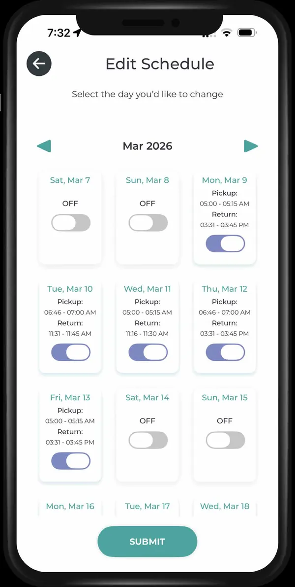 MetroRide Kids parent app screen for editing the ride schedule, with each day’s pickup and return toggled on or off