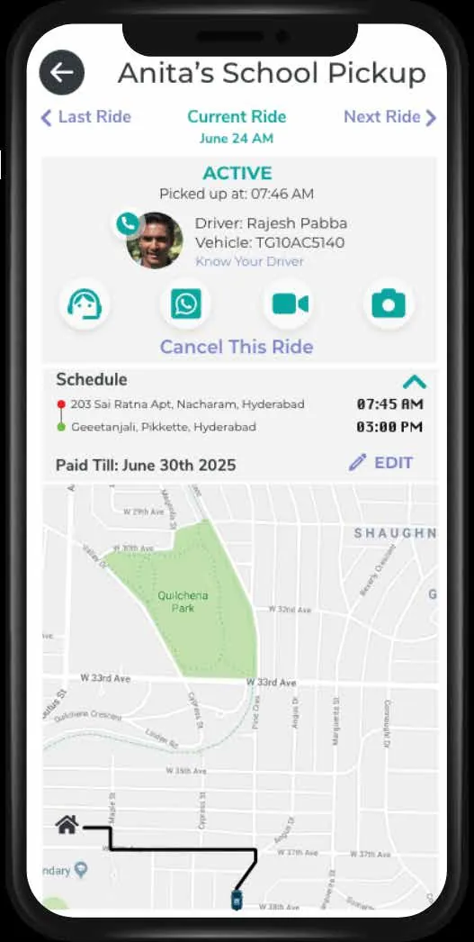 MetroRide Kids parent app showing an active school pickup with the driver, schedule and live route map