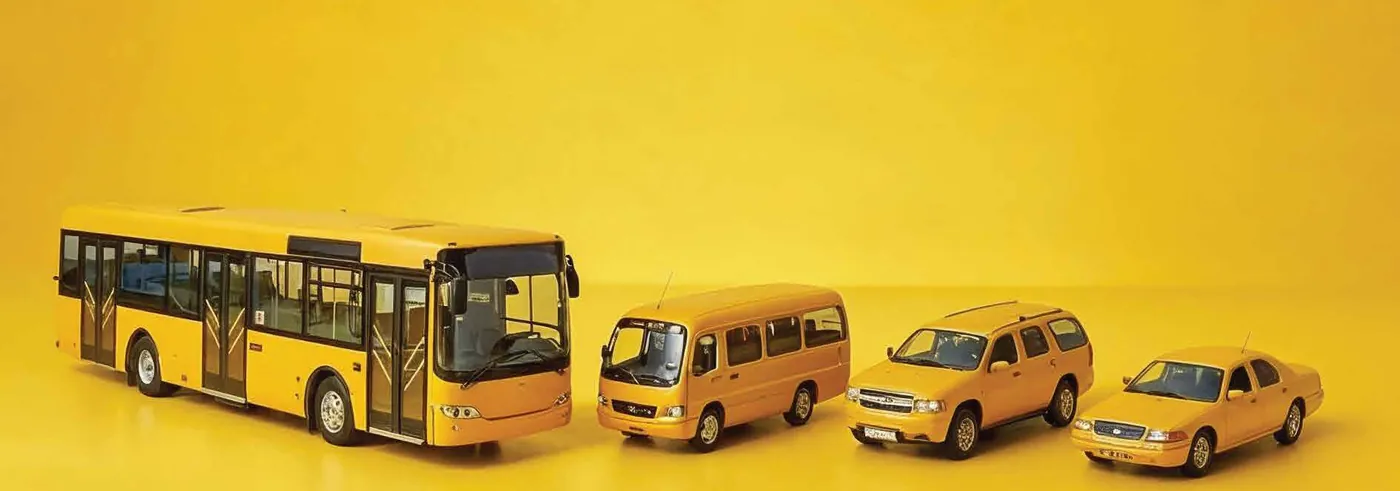 A full-size school bus, a minivan, an SUV and a car lined up in yellow, showing the four vehicle types