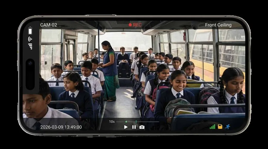 Live in-cabin camera view of students seated on a school bus, shown on a phone