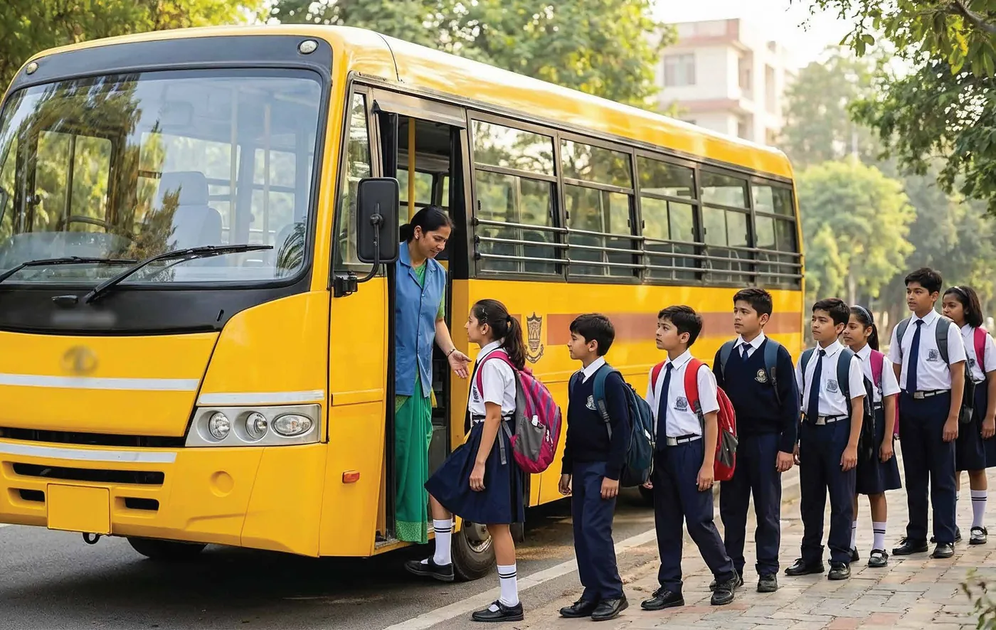 Students in uniform lining up to board a yellow school bus, helped by an attendant